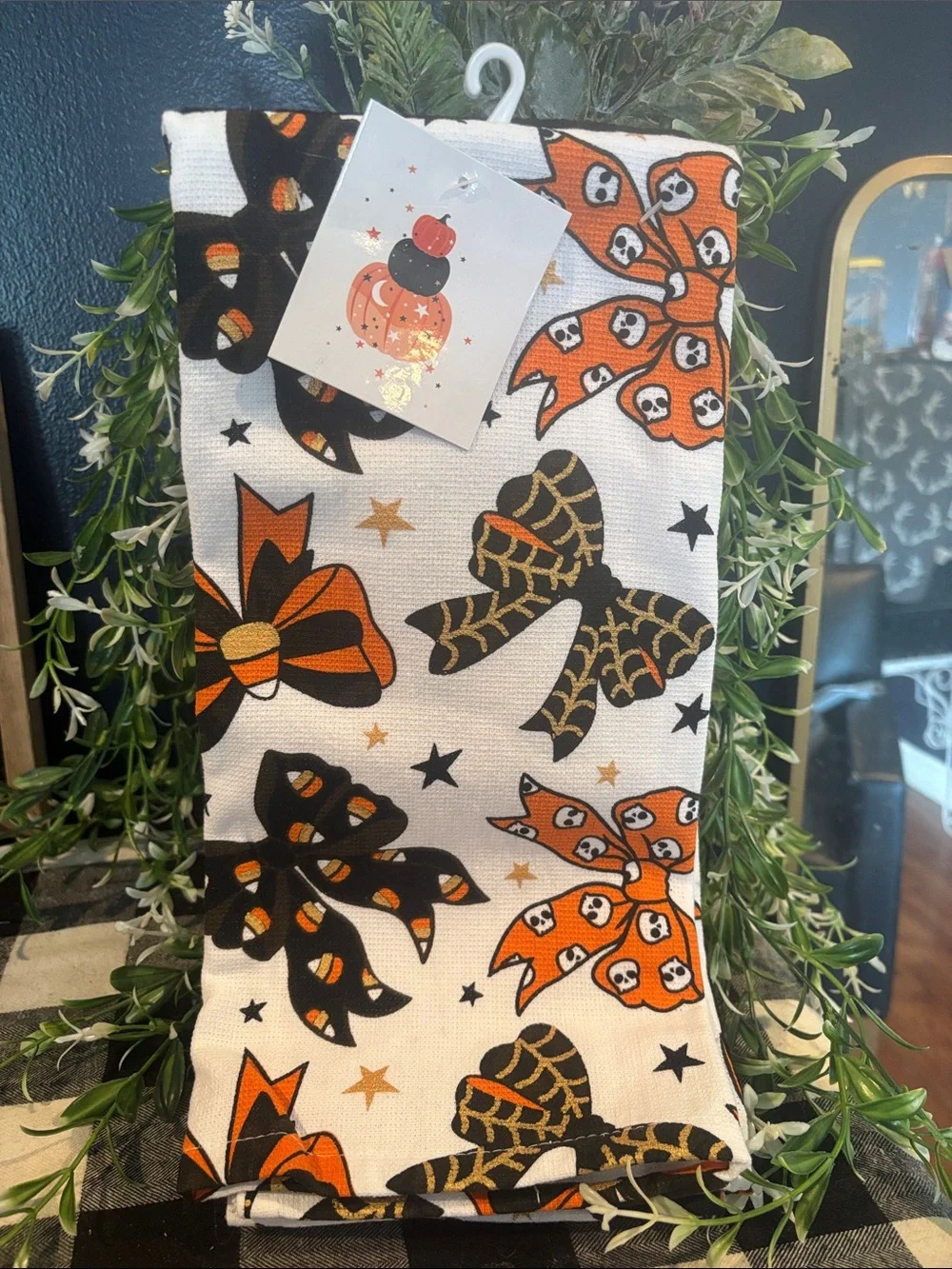 Halloween Bow Print Kitchen Towel - Orange, Black, White